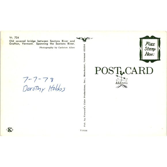 Old Covered Bridge Postcard Travel Souvenir Saxton River Grafton Vermont - Picture 2 of 2